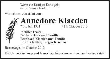 Traueranzeige von Annedore Klaeden von Uelzen