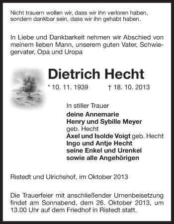 Traueranzeige von Dietrich Hecht von Uelzen