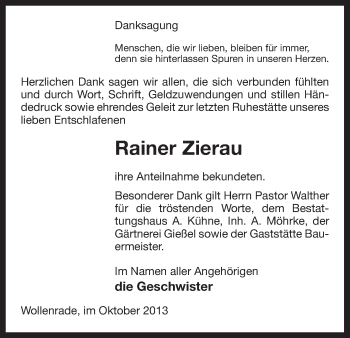 Traueranzeige von Rainer Zierau von Uelzen