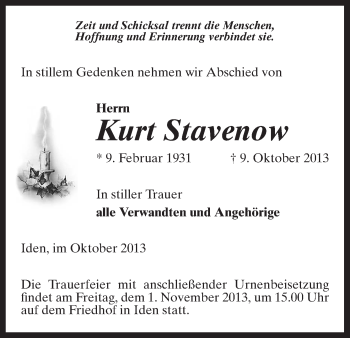 Traueranzeige von Kurt Stavenow von Uelzen