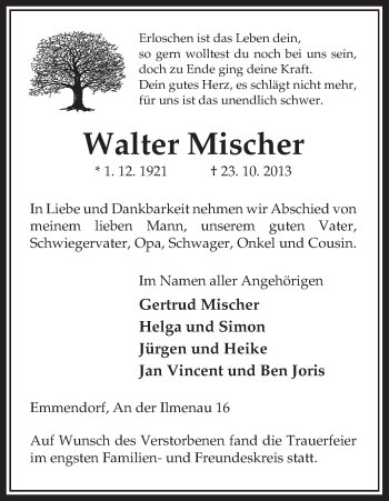 Traueranzeige von Walter Mischer von Uelzen