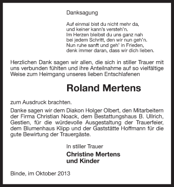 Traueranzeige von Roland Mertens von Uelzen