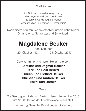 Traueranzeige von Magdalene Beuker von Uelzen