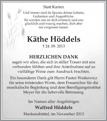 Traueranzeige von Käthe Höddels von Uelzen