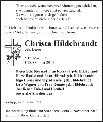 Traueranzeige von Christa Hildebrandt von Uelzen