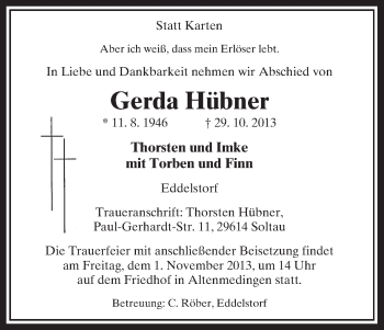 Traueranzeige von Gerda Hübner von Uelzen