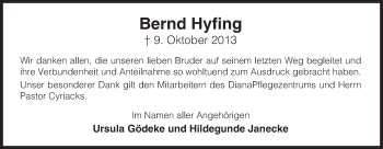 Traueranzeige von Bernd Hyfing von Uelzen