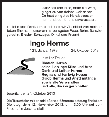 Traueranzeige von Ingo Herms von Uelzen