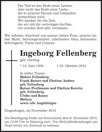 Traueranzeige von Ingeborg Fellenberg von Uelzen