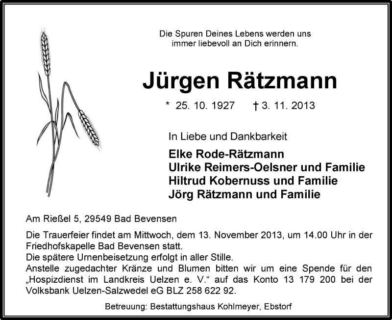  Traueranzeige für Jürgen Rätzmann vom 09.11.2013 aus Uelzen