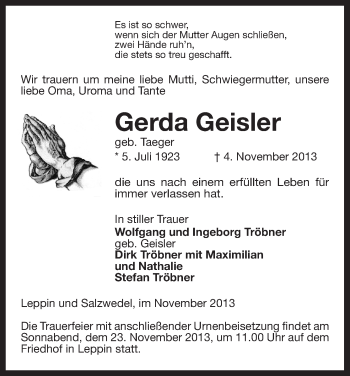 Traueranzeige von Gerda Geisler von Uelzen