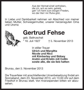 Traueranzeige von Gertrud Fehse von Uelzen