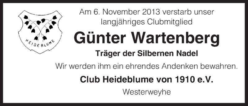  Traueranzeige für Günter Wartenberg vom 09.11.2013 aus Uelzen