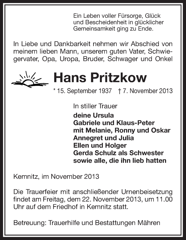  Traueranzeige für Hans Pritzkow vom 09.11.2013 aus Uelzen