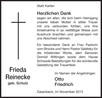 Traueranzeige von Frieda Reinecke von Uelzen