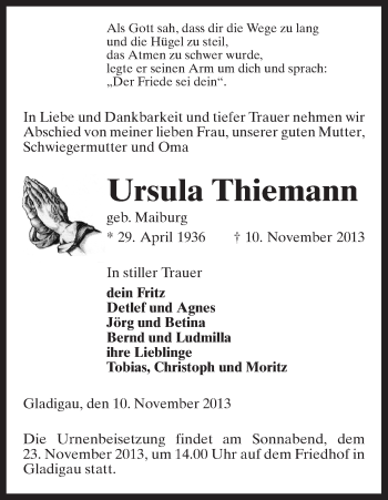 Traueranzeige von Ursula Thiemann von Allgemeine Zeitung Uelzen