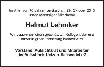 Traueranzeige von Helmut Lehmker von Allgemeine Zeitung Uelzen