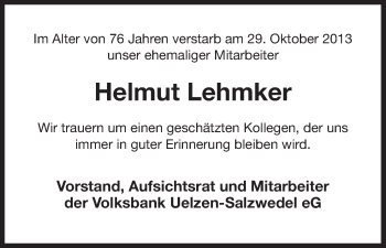Traueranzeige von Helmut Lehmker von Uelzen