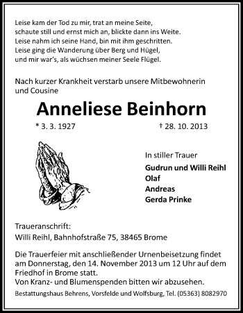 Traueranzeige von Anneliese Beinhorn von Allgemeine Zeitung Uelzen