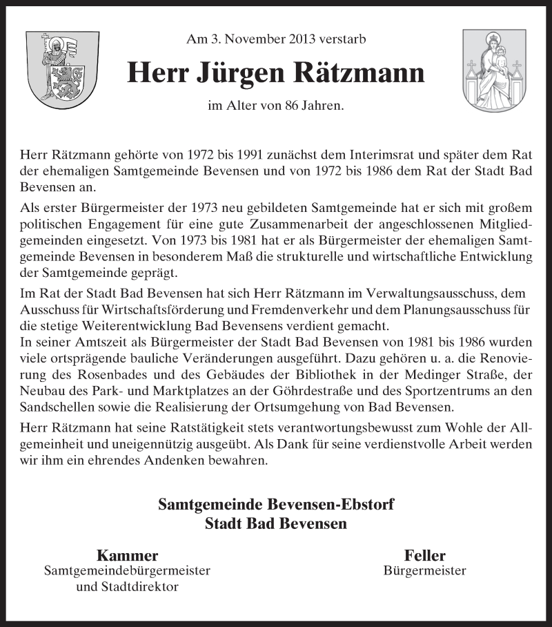  Traueranzeige für Jürgen Rätzmann vom 12.11.2013 aus Uelzen