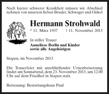 Traueranzeige von Hermann Strohwald von Allgemeine Zeitung Uelzen