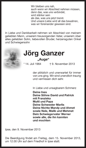 Traueranzeige von Jörg Ganzer von Allgemeine Zeitung Uelzen