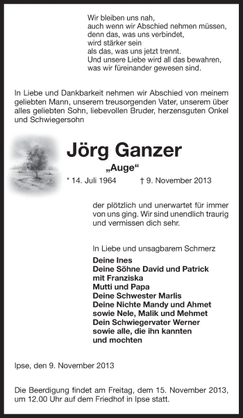 Traueranzeige von Jörg Ganzer von Uelzen