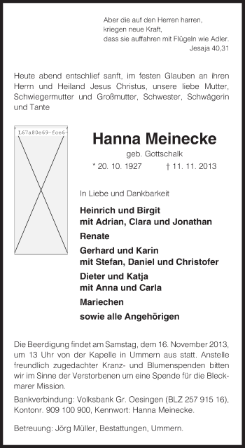 Traueranzeige von Hanna Meinecke von Uelzen