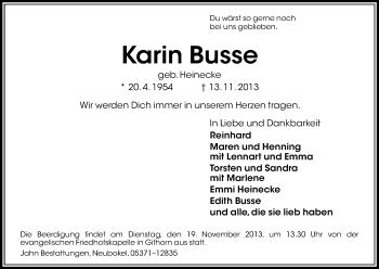 Traueranzeige von Karin Busse von Allgemeine Zeitung Uelzen