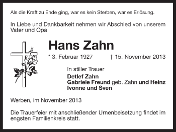 Traueranzeige von Hans Zahn von Uelzenh