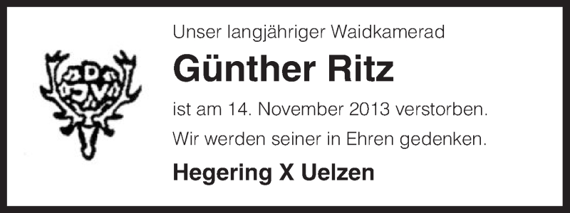  Traueranzeige für Günther Ritz vom 19.11.2013 aus Uelzenh