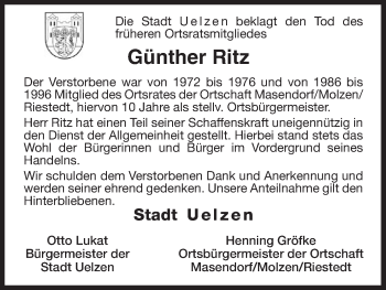 Traueranzeige von Günther Ritz von Uelzenh