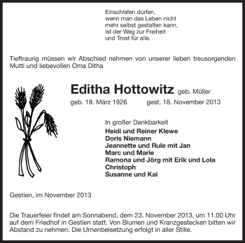 Traueranzeige von Editha Hottowitz von Uelzenh