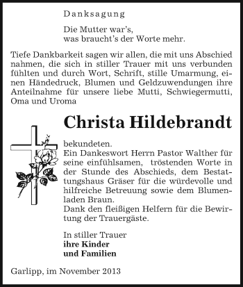 Traueranzeige von Christa Hildebrandt von Uelzen