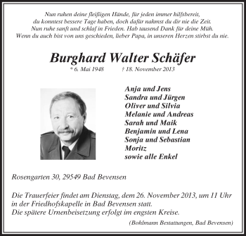 Traueranzeige von Burghard Walter Schäfer von Uelzen