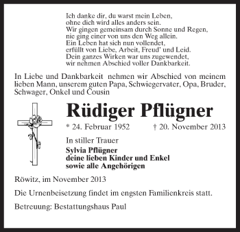 Traueranzeige von Rüdiger Pflügner von Uelzen