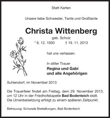 Traueranzeige von Christa Wittenberg von Uelzen