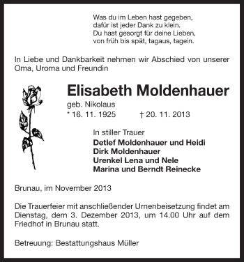 Traueranzeige von Elisabeth Moldenhauer von Uelzen