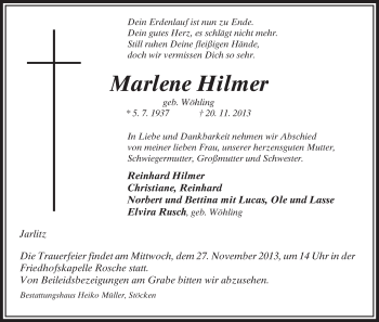 Traueranzeige von Marlene Hilmer von Uelzen