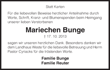 Traueranzeige von Mariechen Bunge von Uelzen