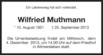 Traueranzeige von Wilfried Muthmann von Uelzen