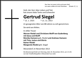 Traueranzeige von Gertrud Siegel von Uelzen