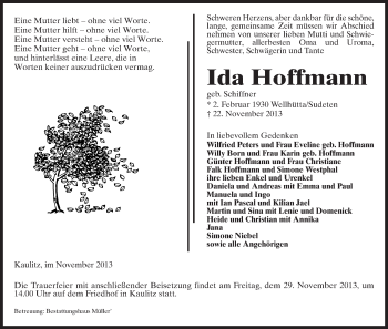 Traueranzeige von Ida Hoffmann von Uelzen