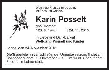 Traueranzeige von Karin Posselt von Uelzen