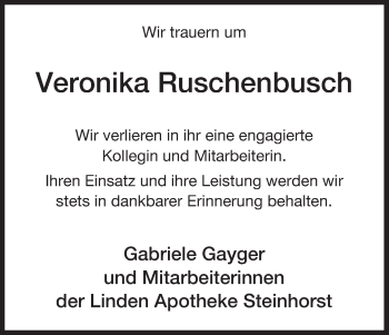 Traueranzeige von Veronika Ruschenbusch von Uelzen