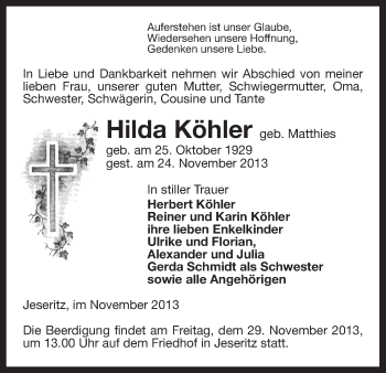 Traueranzeige von Hilda Köhler von Uelzen