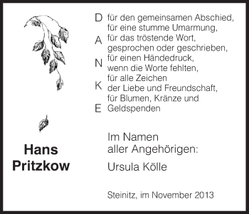 Traueranzeige von Hans Pritzkow von Uelzen