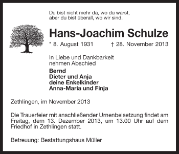 Traueranzeige von Hans-Jaochim Schulze von Uelzen