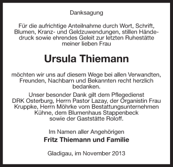 Traueranzeige von Ursula Thiemann von Uelzen