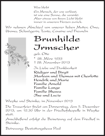 Traueranzeige von Brunhilde Irmscher von Uelzen